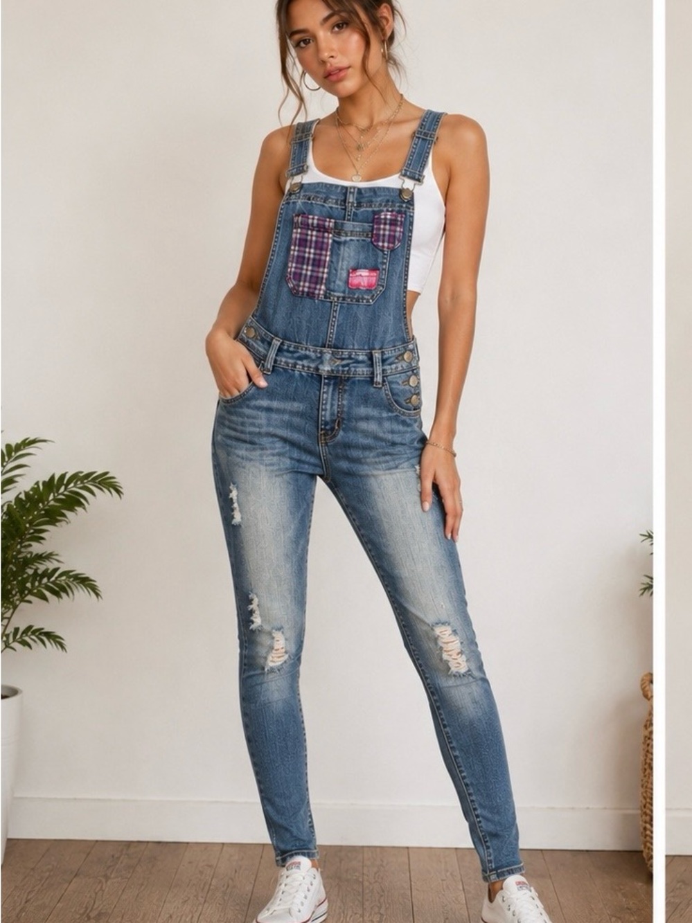 Hot Kiss Ava Overall Jeans Size 11 Distressed Plaid Patch Denim Y2K Indie Fest
